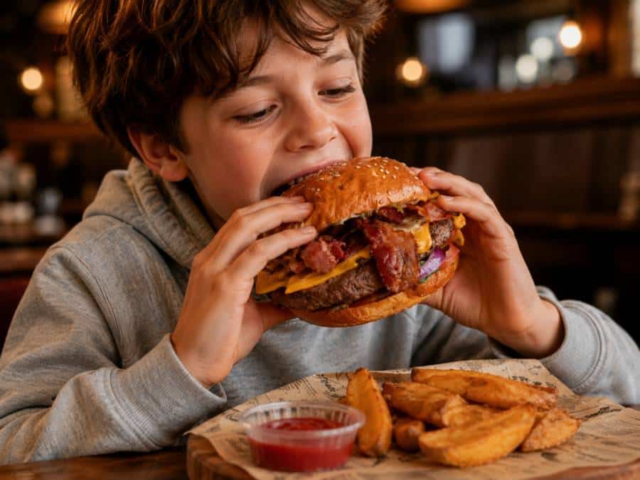 Niño disfrutando su hamburguesa